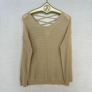 Heartloom Open Knit Sweater Women SMALL Tan Beige Lattice Boho Earthy Layering